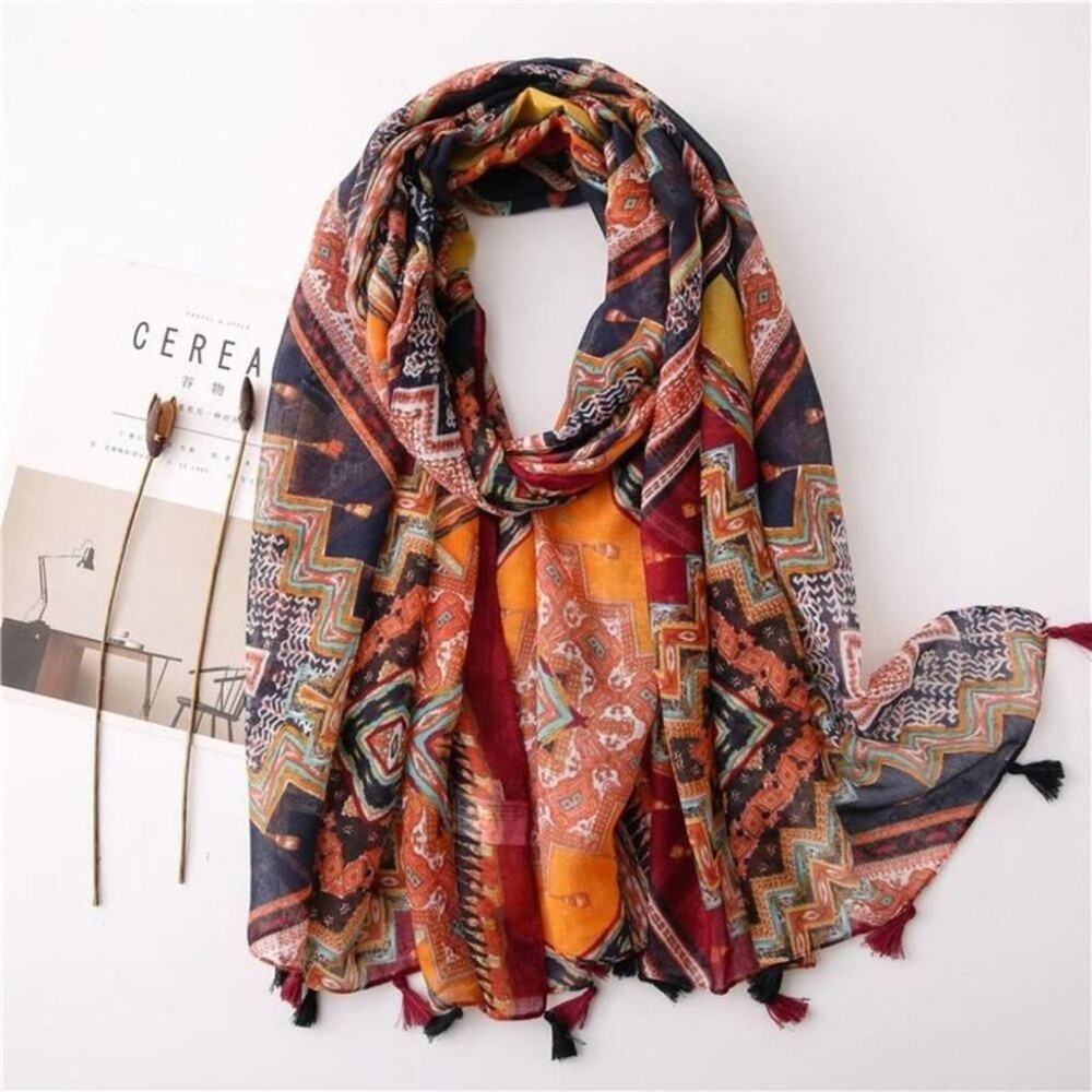 2/$30 NEW Boho Tassel Scarf Fall Red Orange Printed - Picture 5 of 11